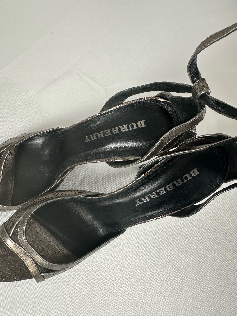 Vintage Burberry Metallic Pewter Ankle-Strap Heels -41